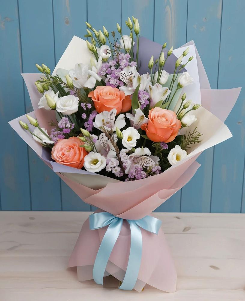 Букет цветов из: Лизиантусы, Розы, Альстромерии и Гипсофила в Староминской