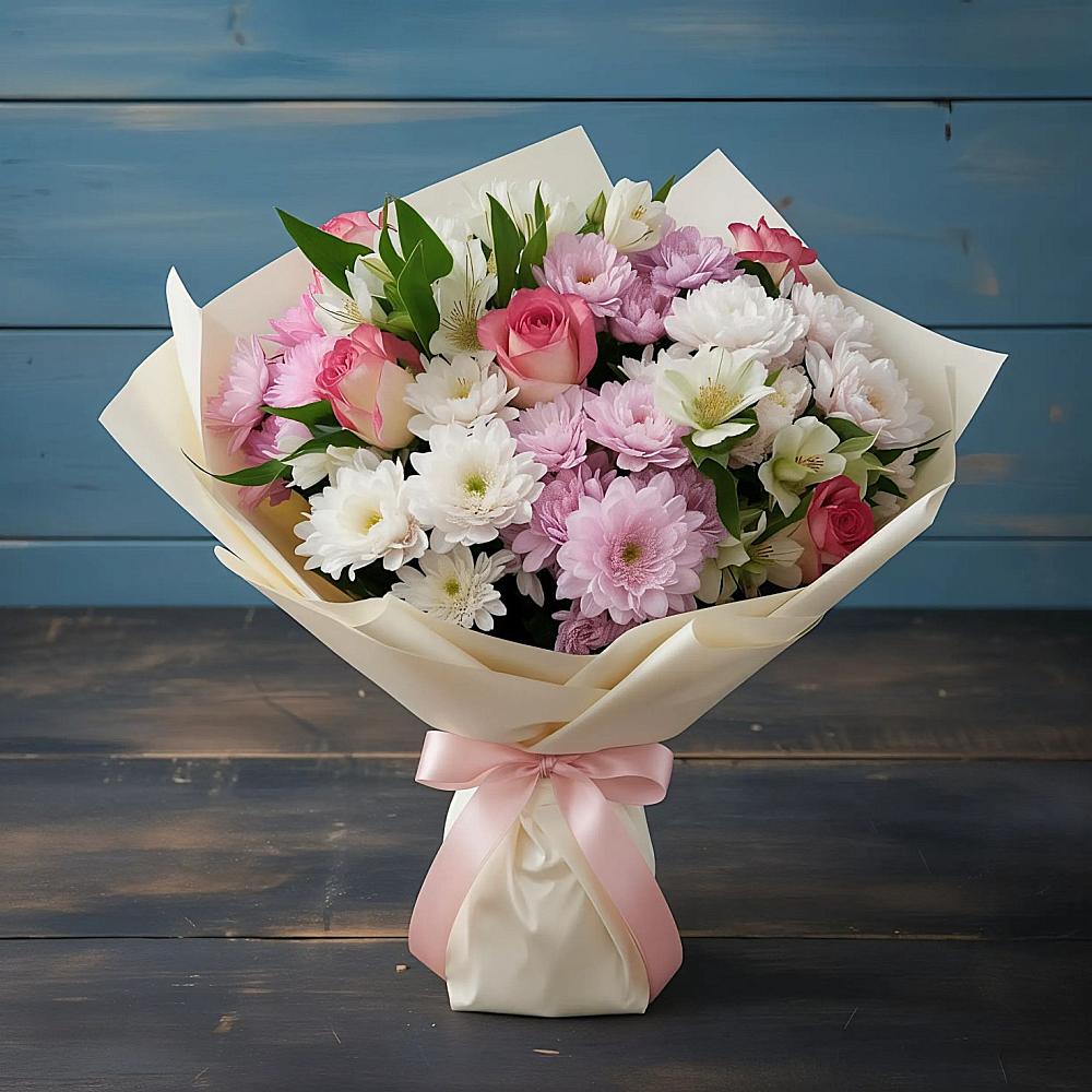 Букет цветов из: Хризантемы, Альстромерии и Розы в Староминской